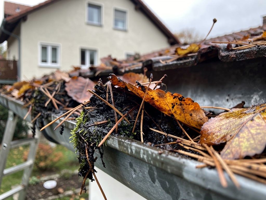 Ucpaný okap plný listí a mechu na rodinném domě