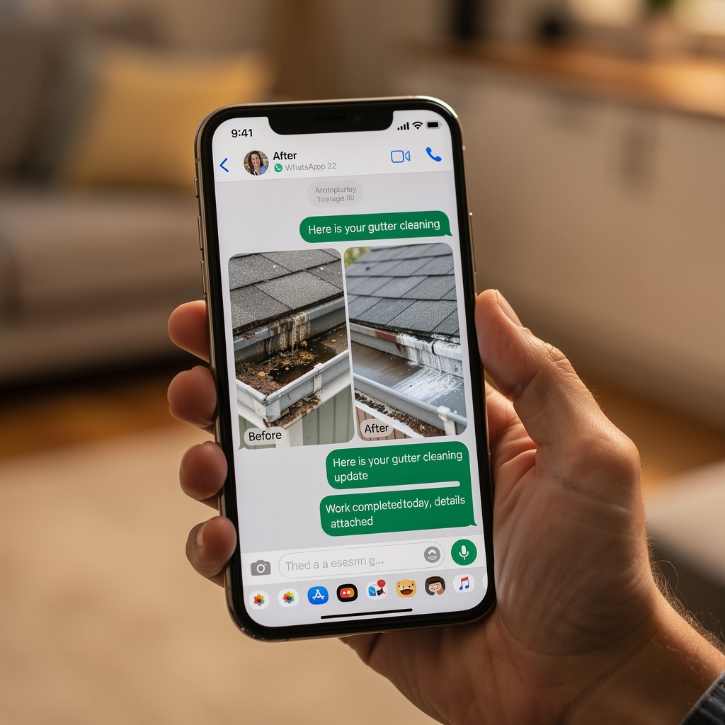 Telefon s WhatsApp zprávou obsahující fotky okapu před a po čištění